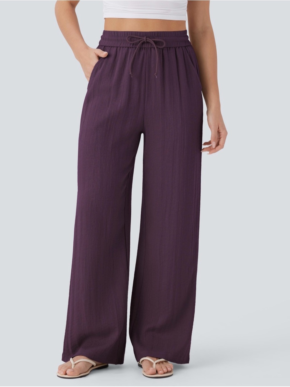 HALARA Linen Wide Leg Drawstring Pants in Plum